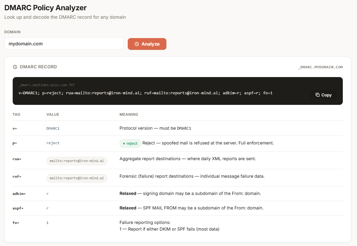 DMARC Policy Analyzer tool — analyze any domain's DMARC record with recommendations